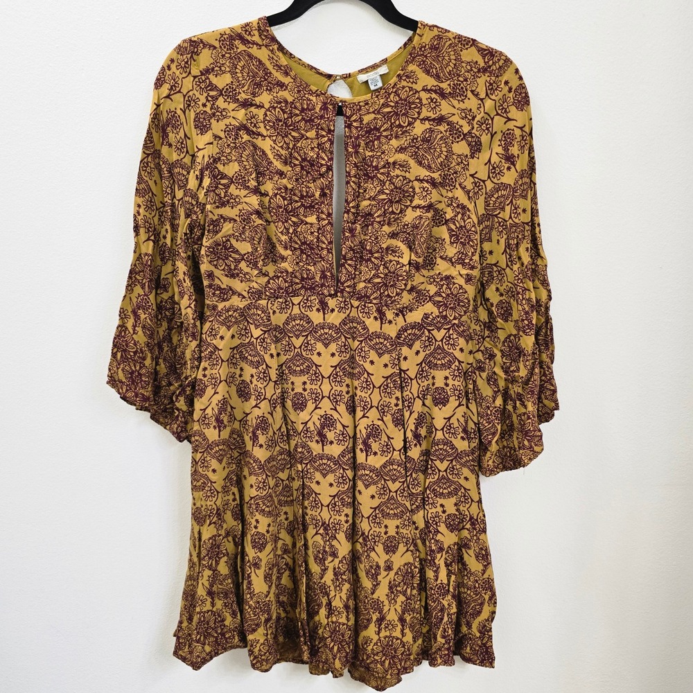 Ecote Urban Outfitters Mustard Floral Open Back Keyhole Mini Dress Womens Medium